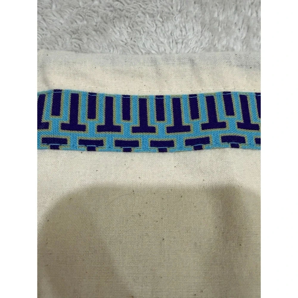 Tory Burch Beige Canvas Duster Bag with Blue Gold Design with Logo Charm